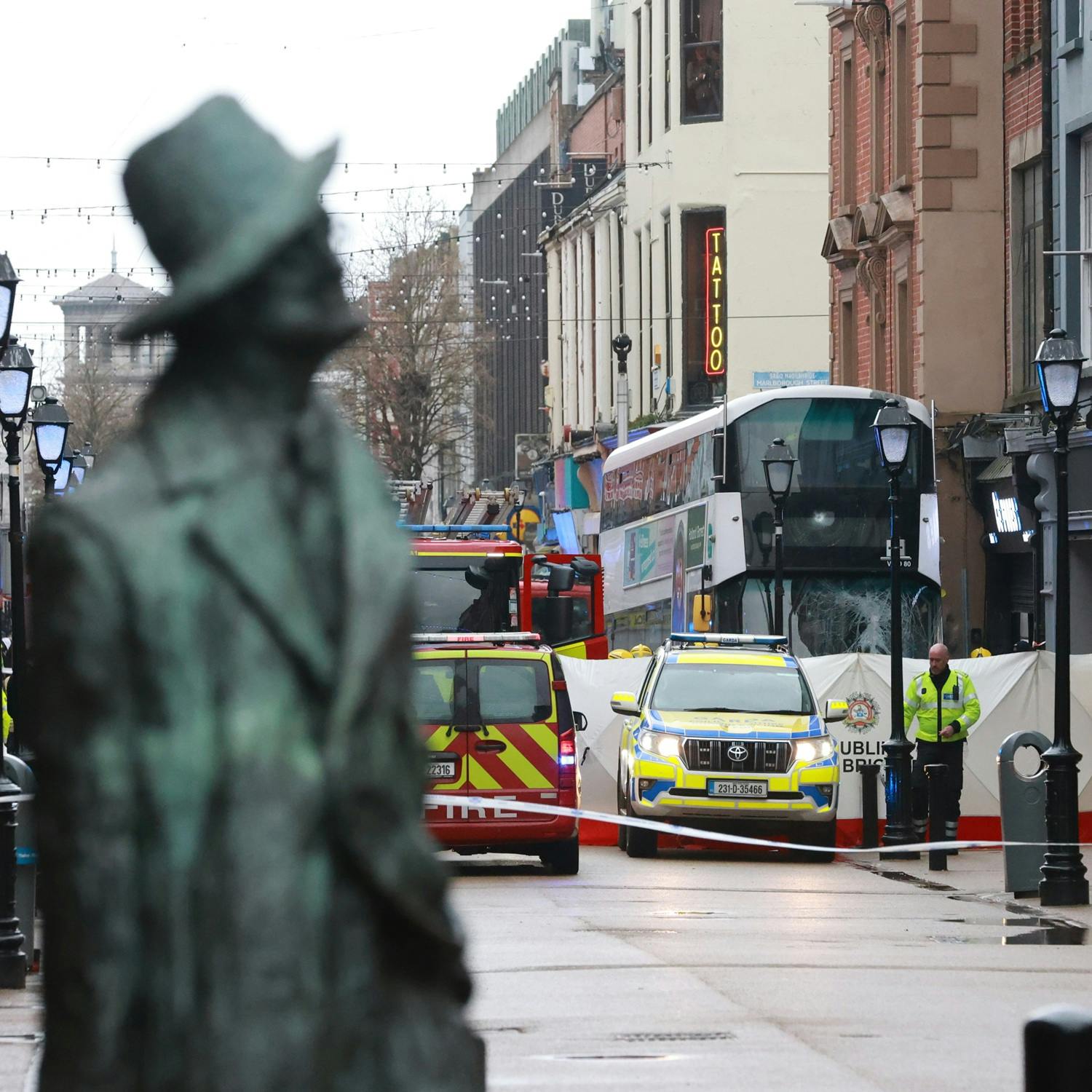 The latest as one person is dead and three are injured by incident involving bus in Dublin city centre.